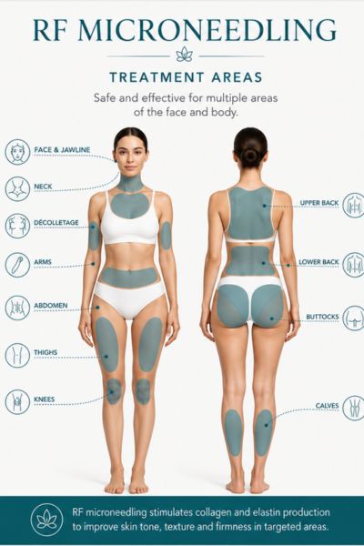 Areas of face and body can have RF microneedling skin tightening treatment Busby